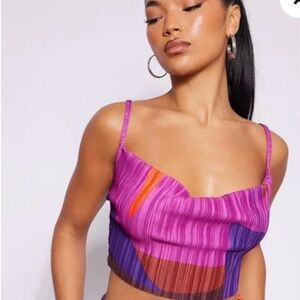 PrettyLittleThing Pink Print Plisse Strappy Cowl Neck Top Womens 18 Purple Shirt